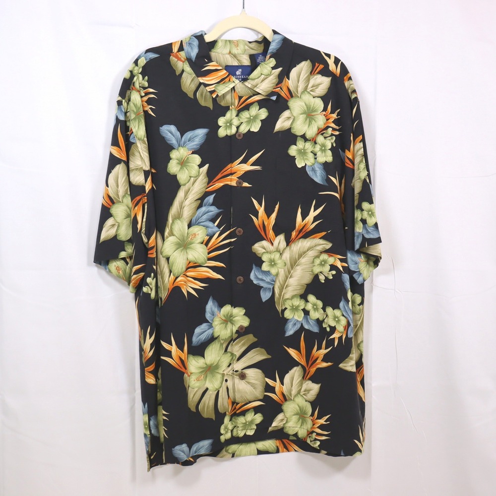 Caribbean Joe Hawaiian Shirt XL Black Mens Silk Floral Tropical Aloha